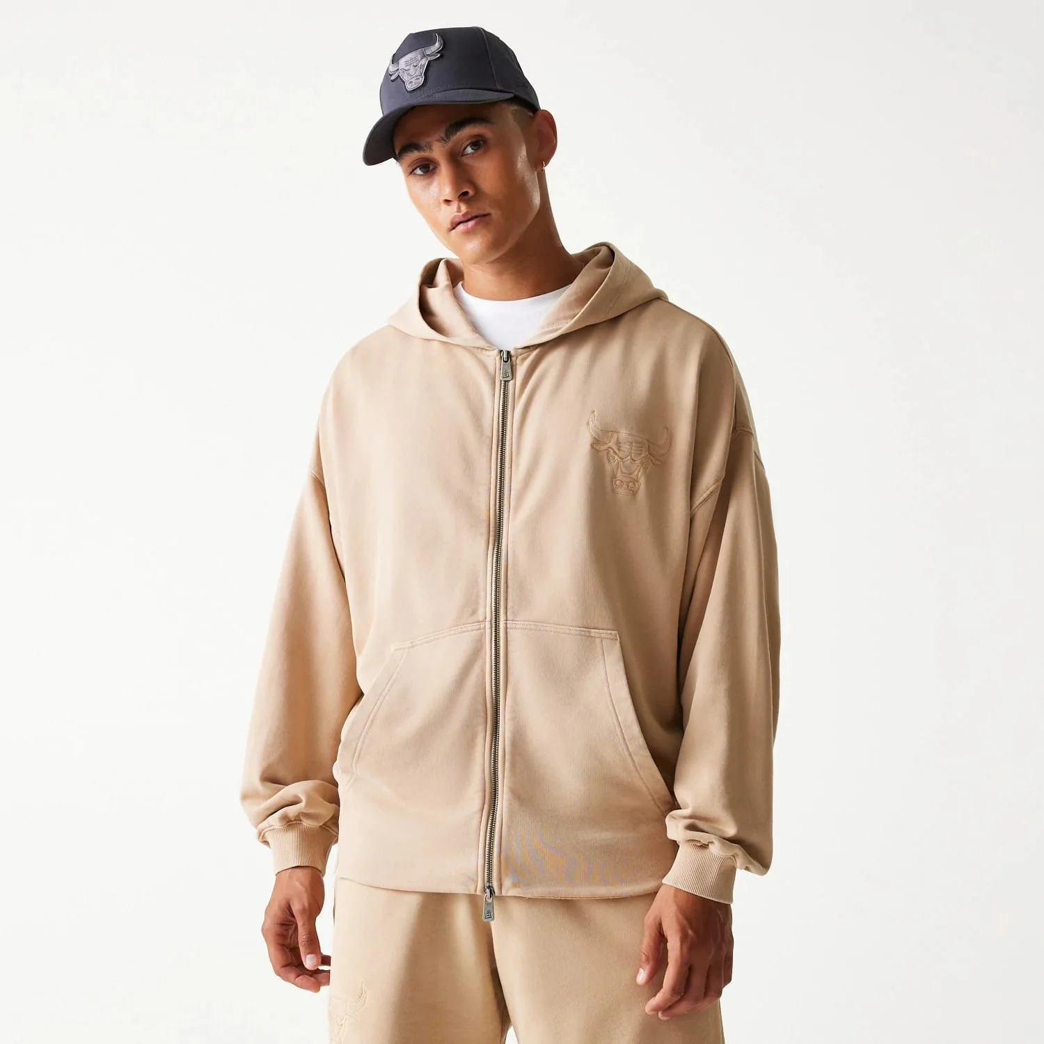 Chicago Bulls NBA Washed Beige Full Zip Hoodie