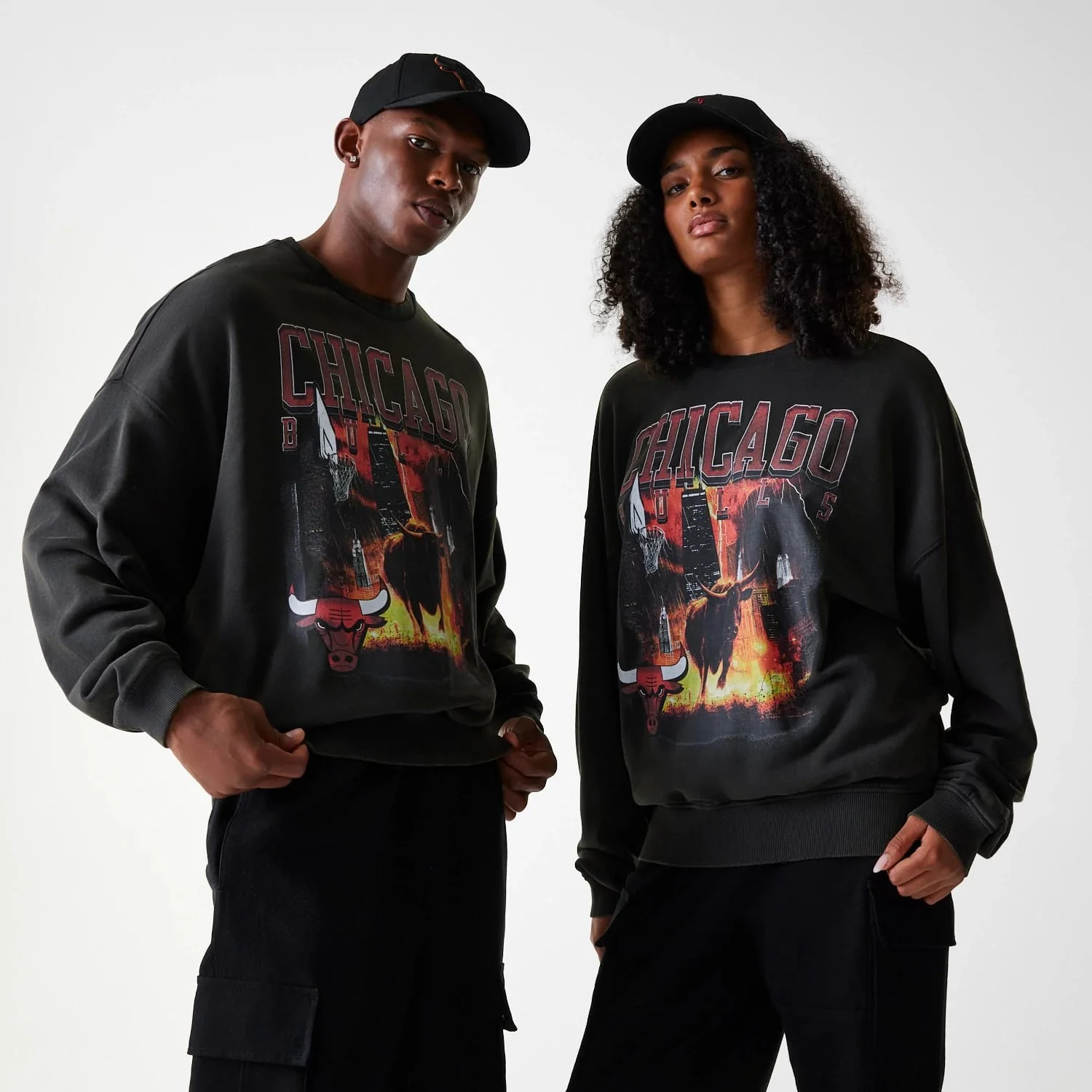 Chicago Bulls NBA Washed Graphic Grey Oversized Crew Neck Sweater