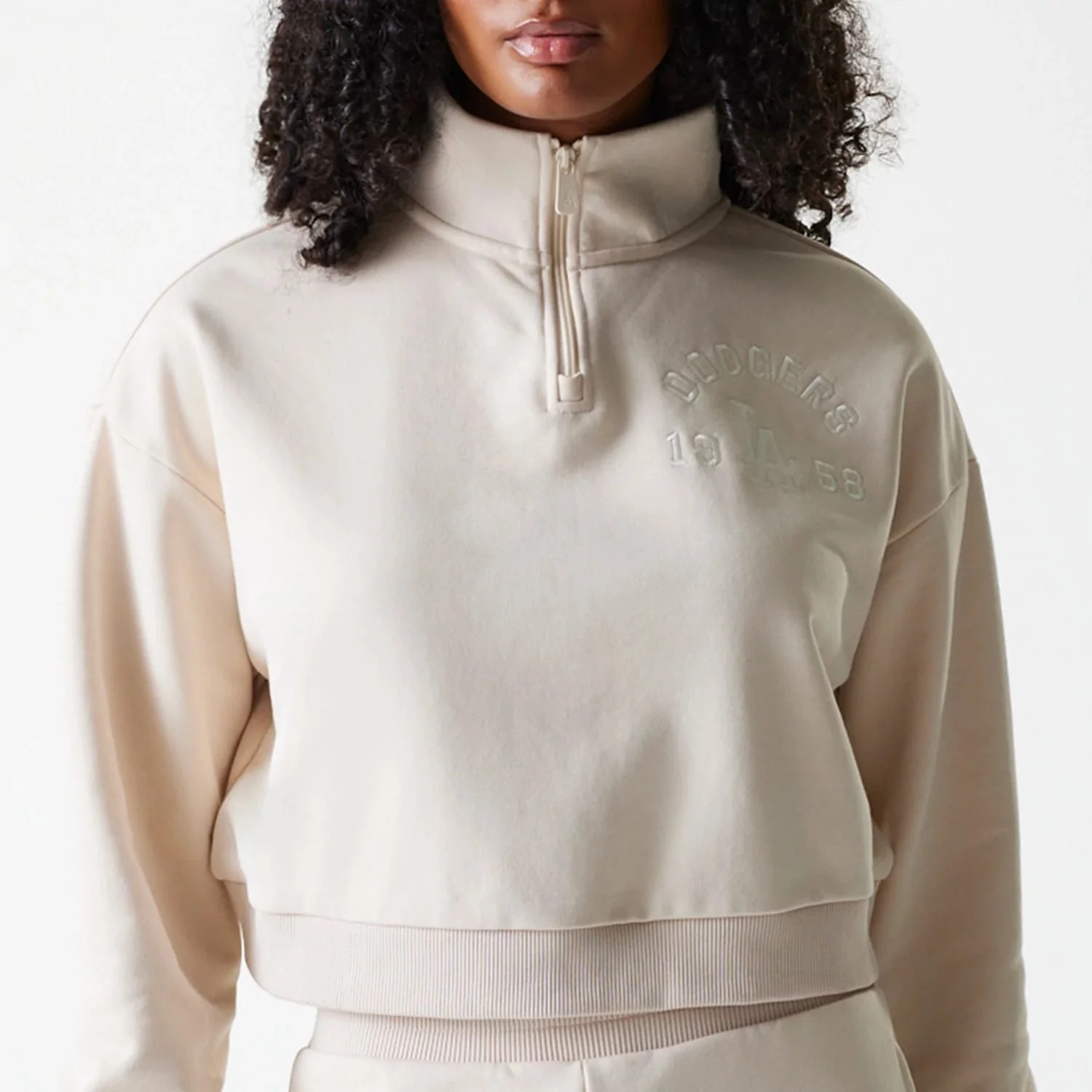 LA Dodgers Womens MLB Tonal Light Beige Cropped 1/4 Zip Sweater - Image 3