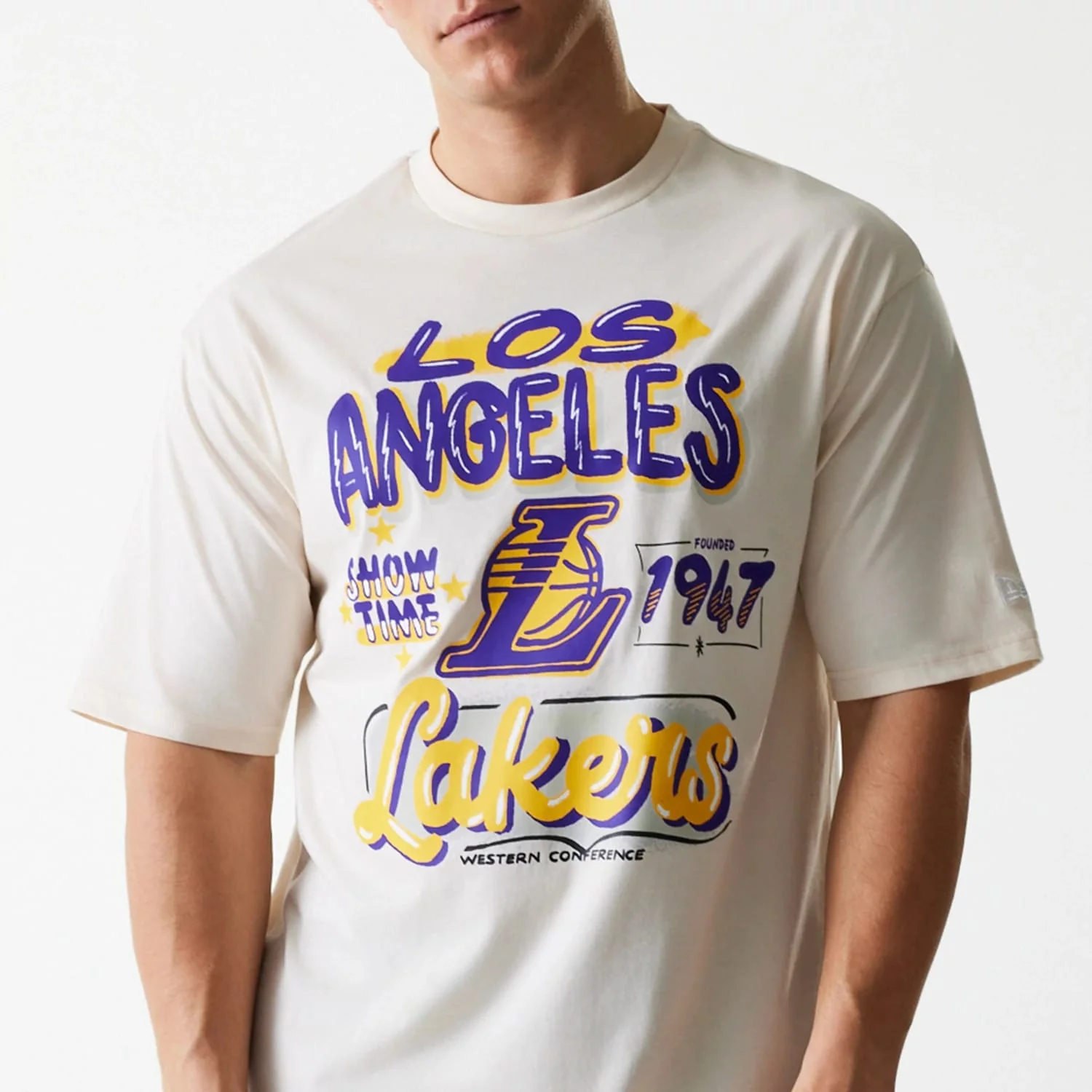 LA Lakers NBA Graphic Light Beige Oversized T-Shirt - Image 3