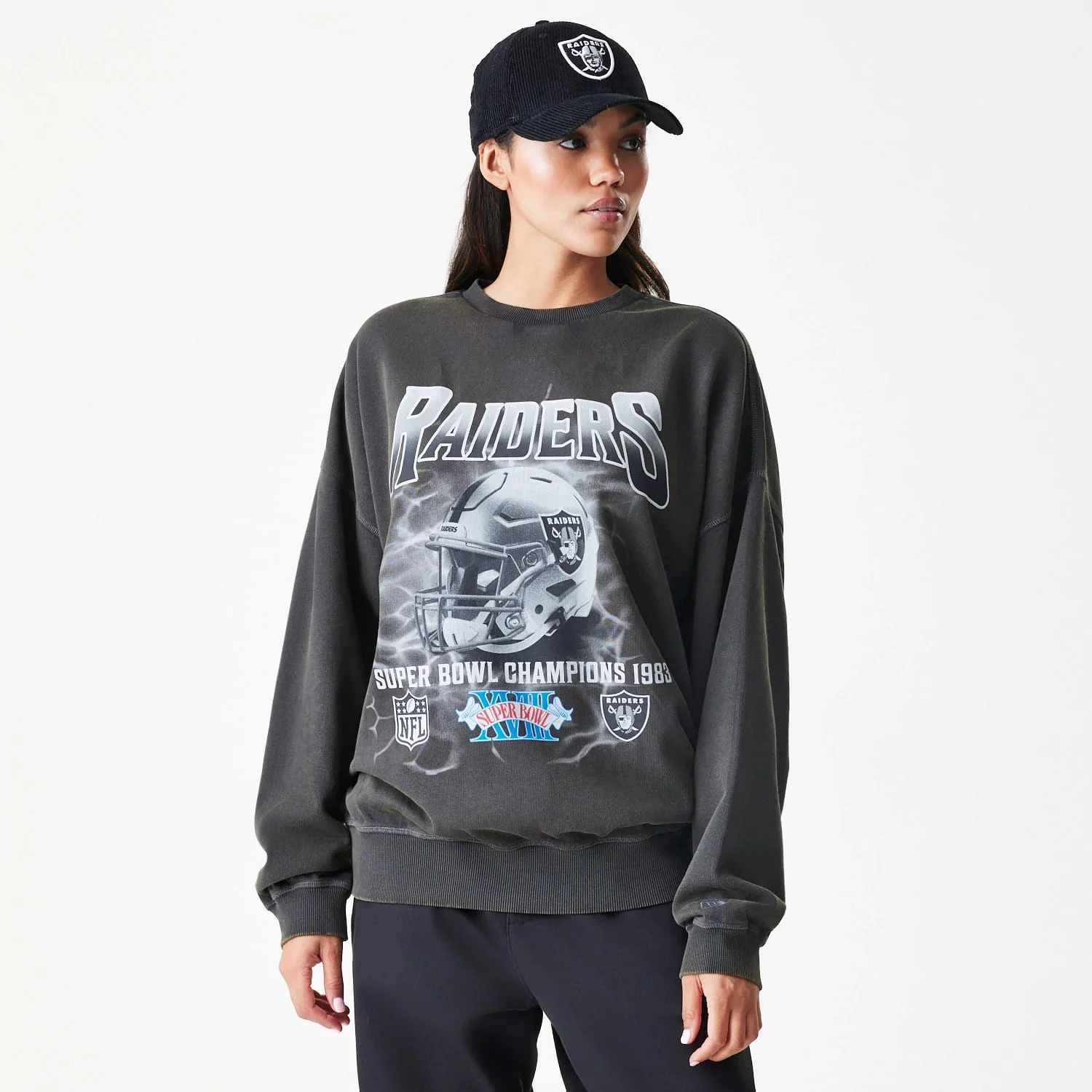 Las Vegas Raiders NFL Washed Boxy Dark Grey Oversized Crew Neck Sweater - Image 4