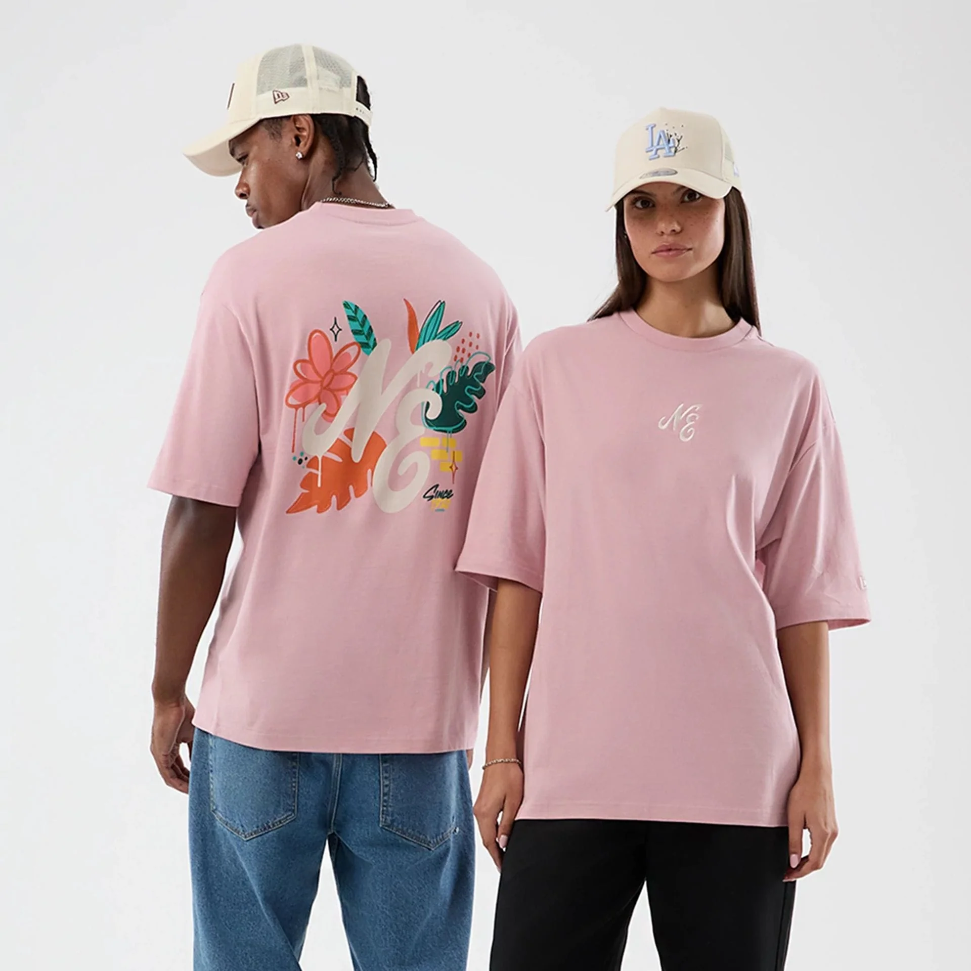 New Era Floral Graphic Pastel Pink Oversized T-Shirt