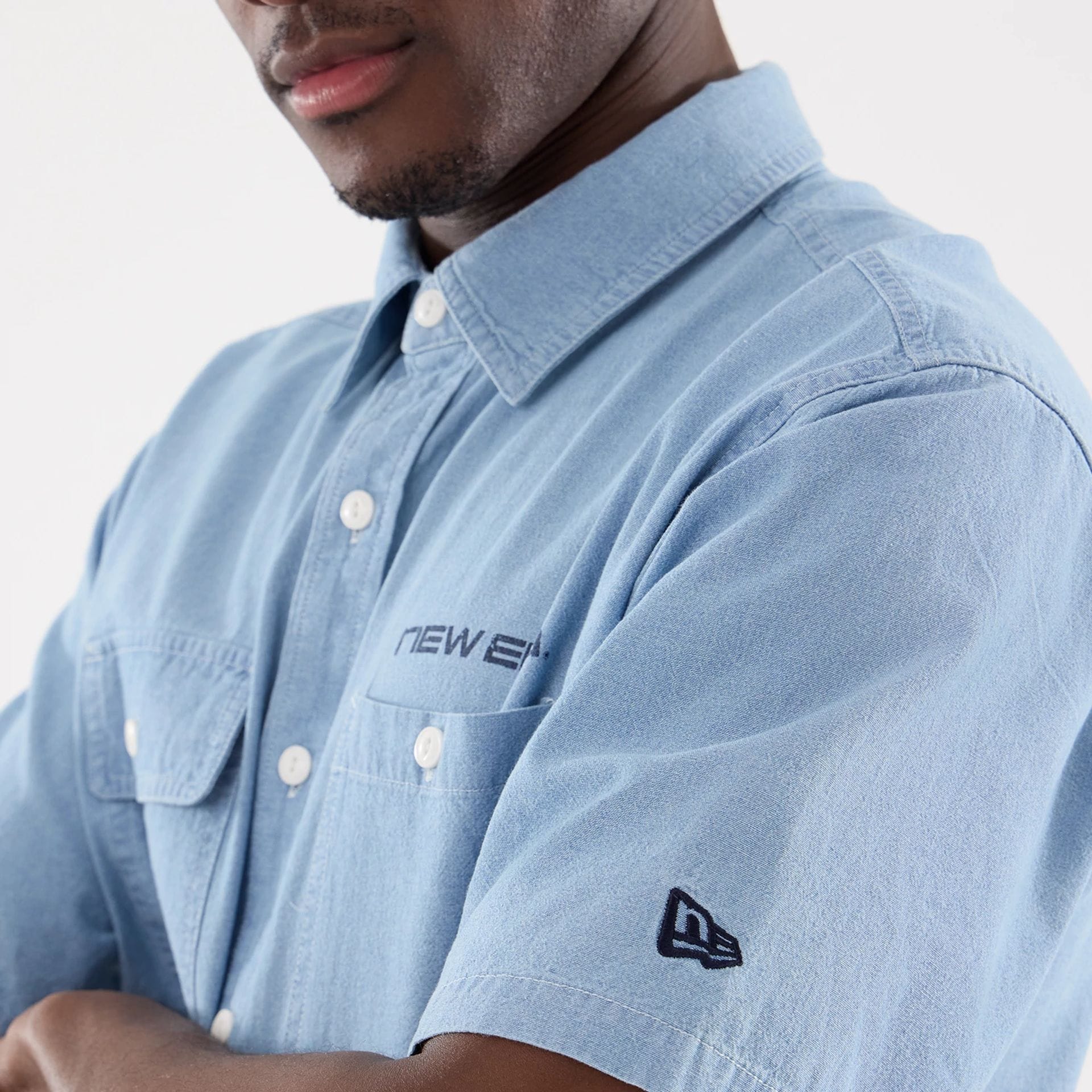 New Era Originators Chambray Bright Blue Short Sleeve Shirt - Image 5