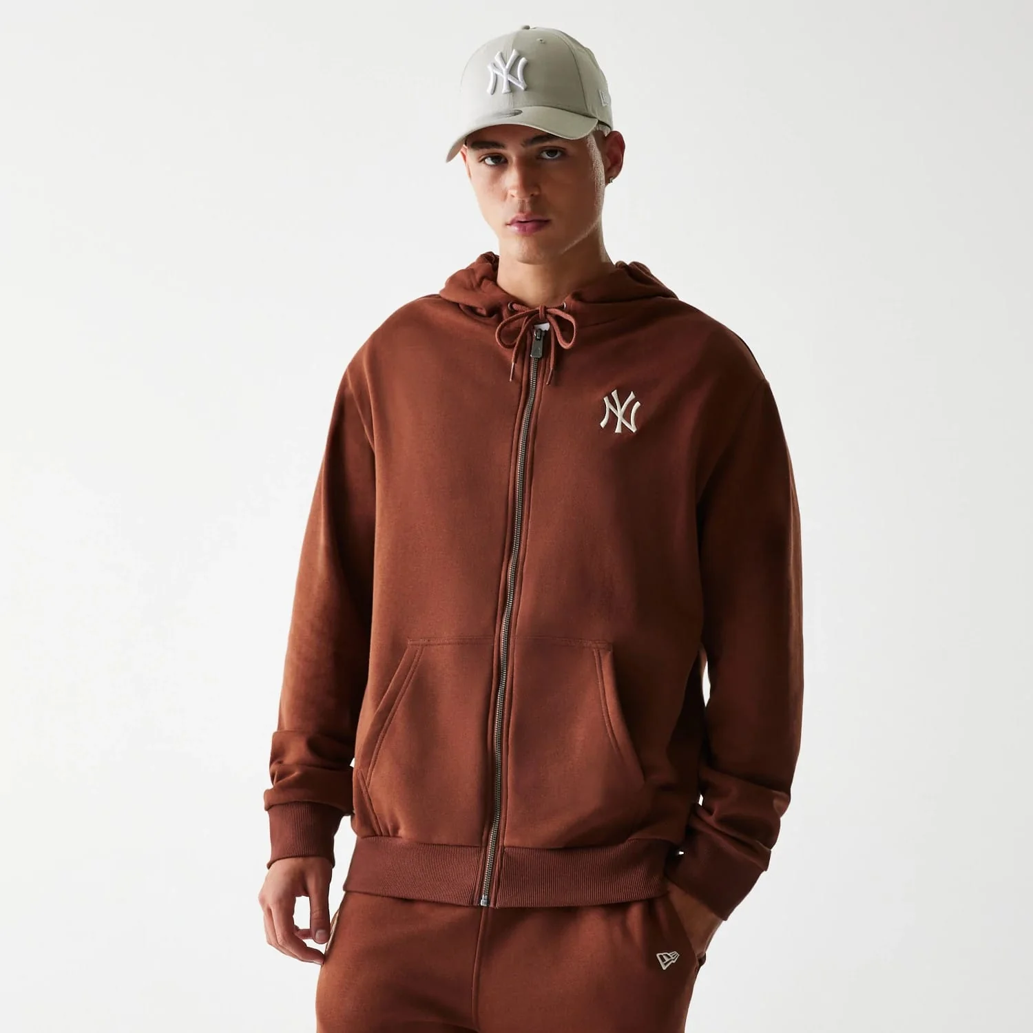 New York Yankees MLB Midi League Essential Brushed Fleece Brown Oversized Full Zip Hoodie