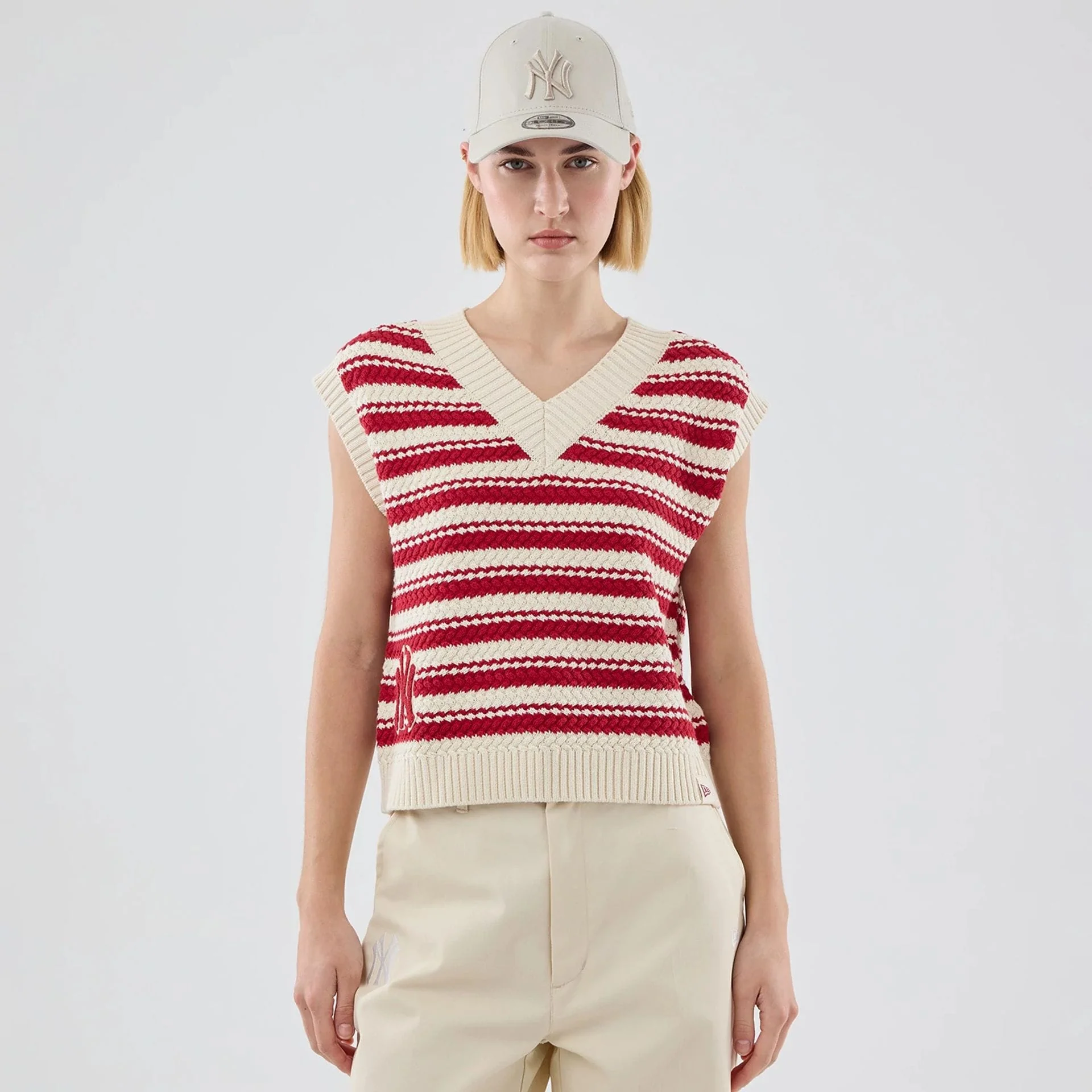 New York Yankees Womens MLB Knit Stripe Dark Red Sleeveless V-neck Sweater