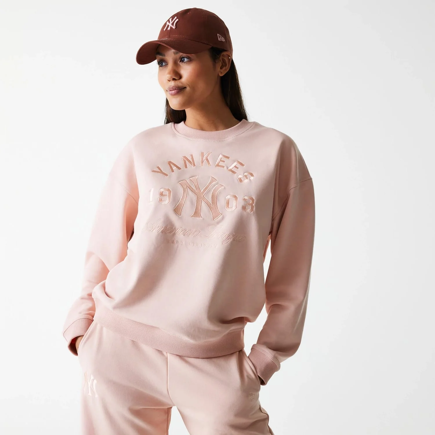 New York Yankees Womens MLB Tonal Graphic Pastel Pink Oversized Crew Neck Sweater