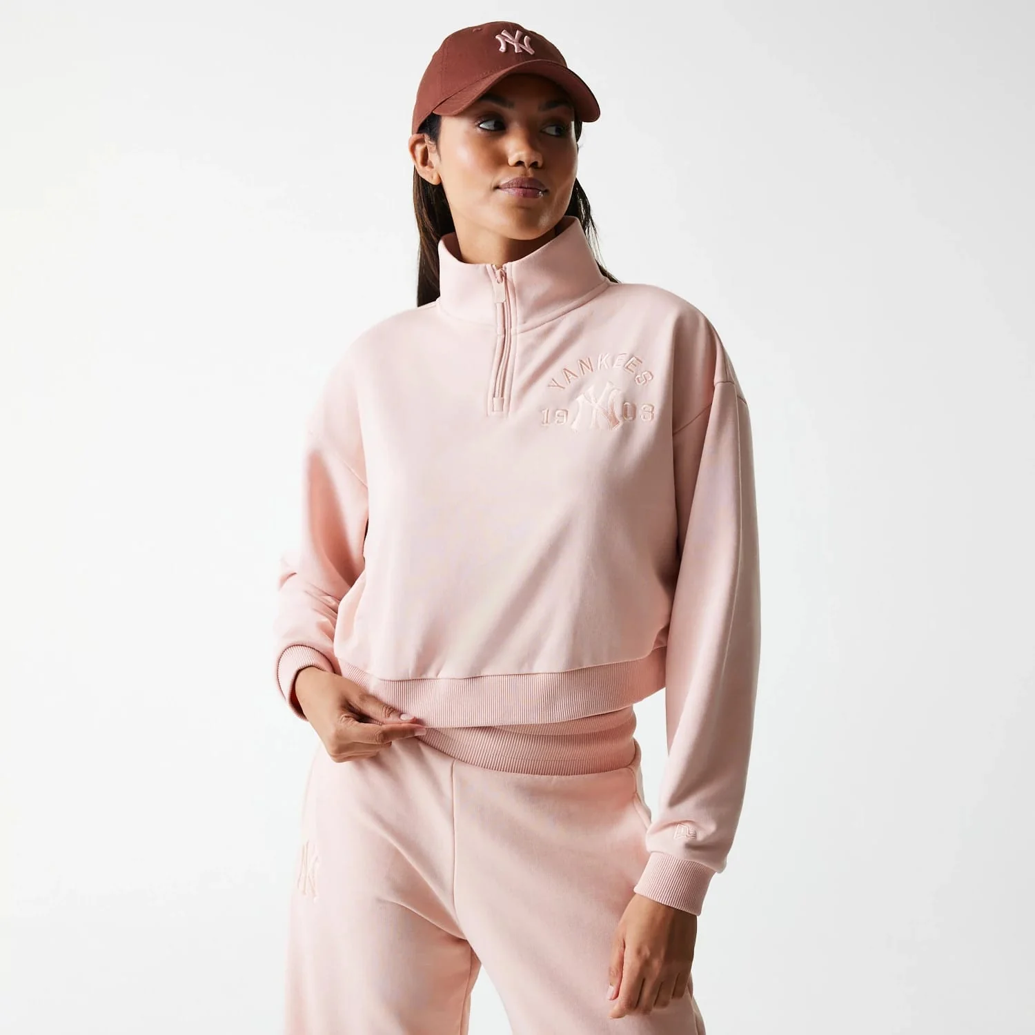 New York Yankees Womens MLB Tonal Pastel Pink Cropped 1/4 Zip Sweater
