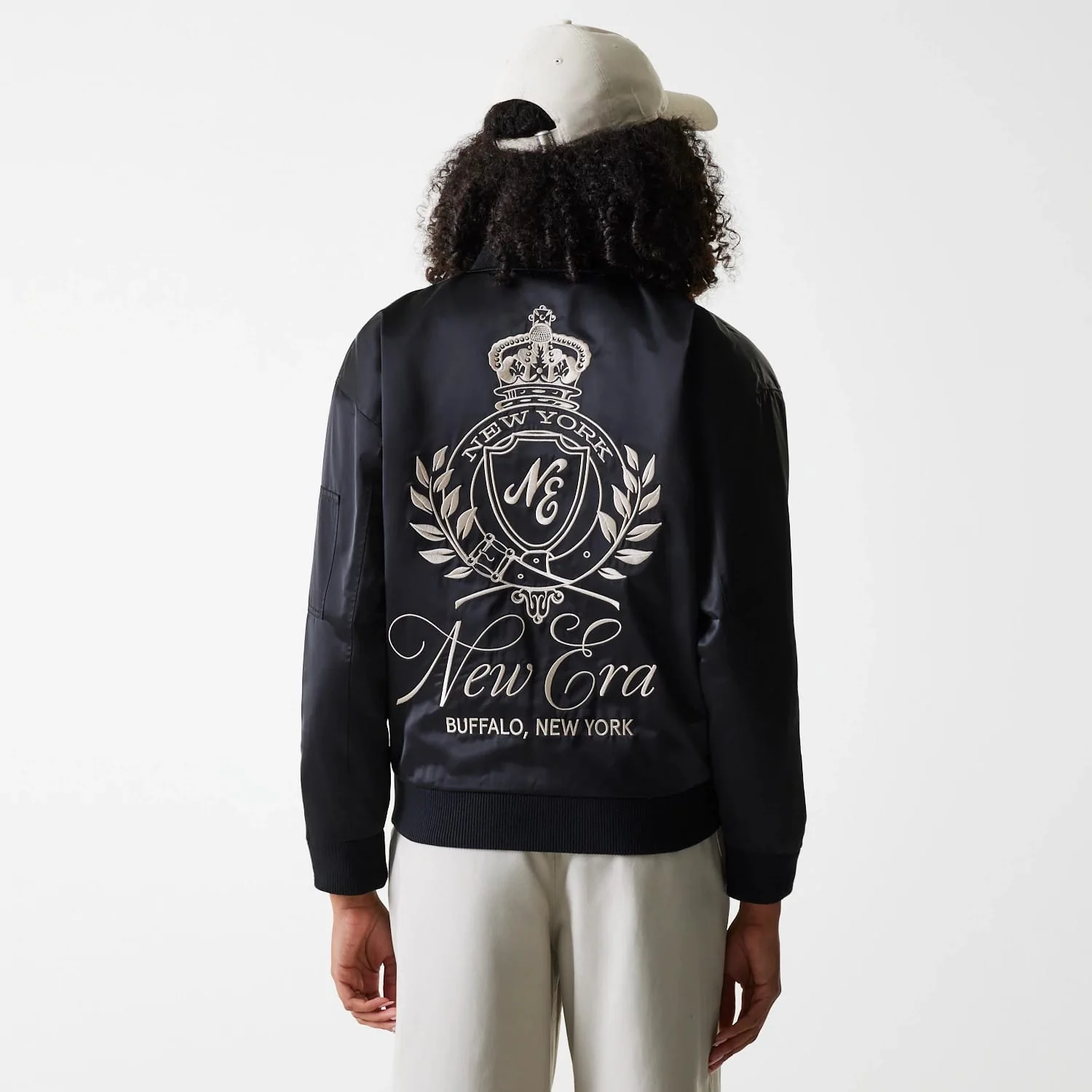 Womens New Era Black Satin Bomber Jacket - Image 2