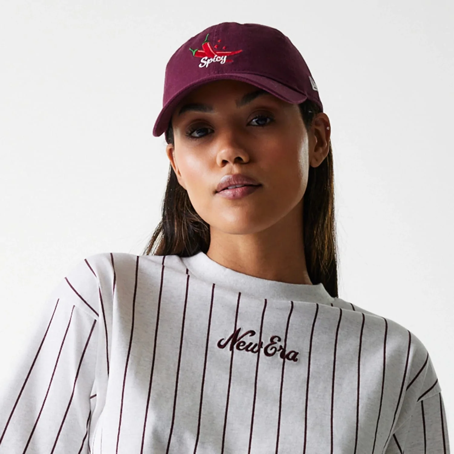 Womens New Era Pinstripe Pastel Grey Crop T-Shirt - Image 6