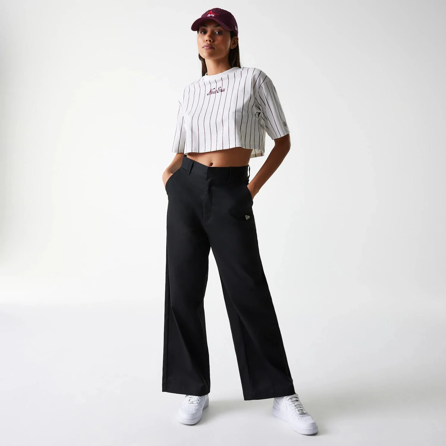 Womens New Era Pinstripe Pastel Grey Crop T-Shirt - Image 8